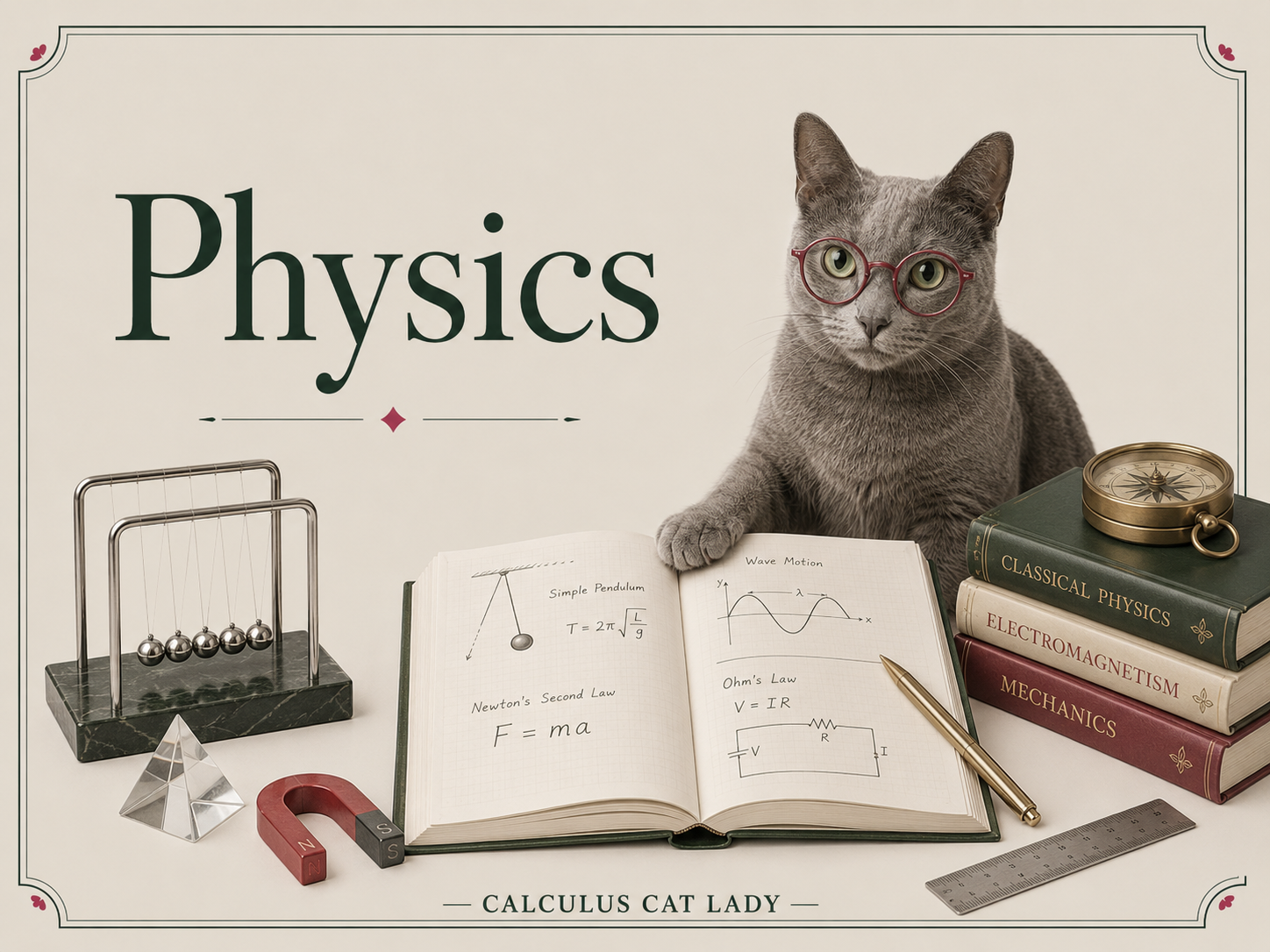 A gray cat wearing red glasses is sitting at a desk with physics books, a notebook with physics notes, a pen, a ruler, a magnet, a pyramid, a Newton's cradle, a compass, and a scroll. The background features the word 'Physics' and the phrase 'Calculus Cat Lady' at the bottom.