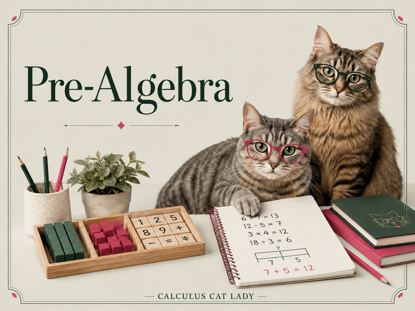 Two cats wearing glasses seated at a desk with school supplies, a notebook with math problems, and books, with a sign reading "Pre-Algebra" and "Calculus Cat Lady" in the background.