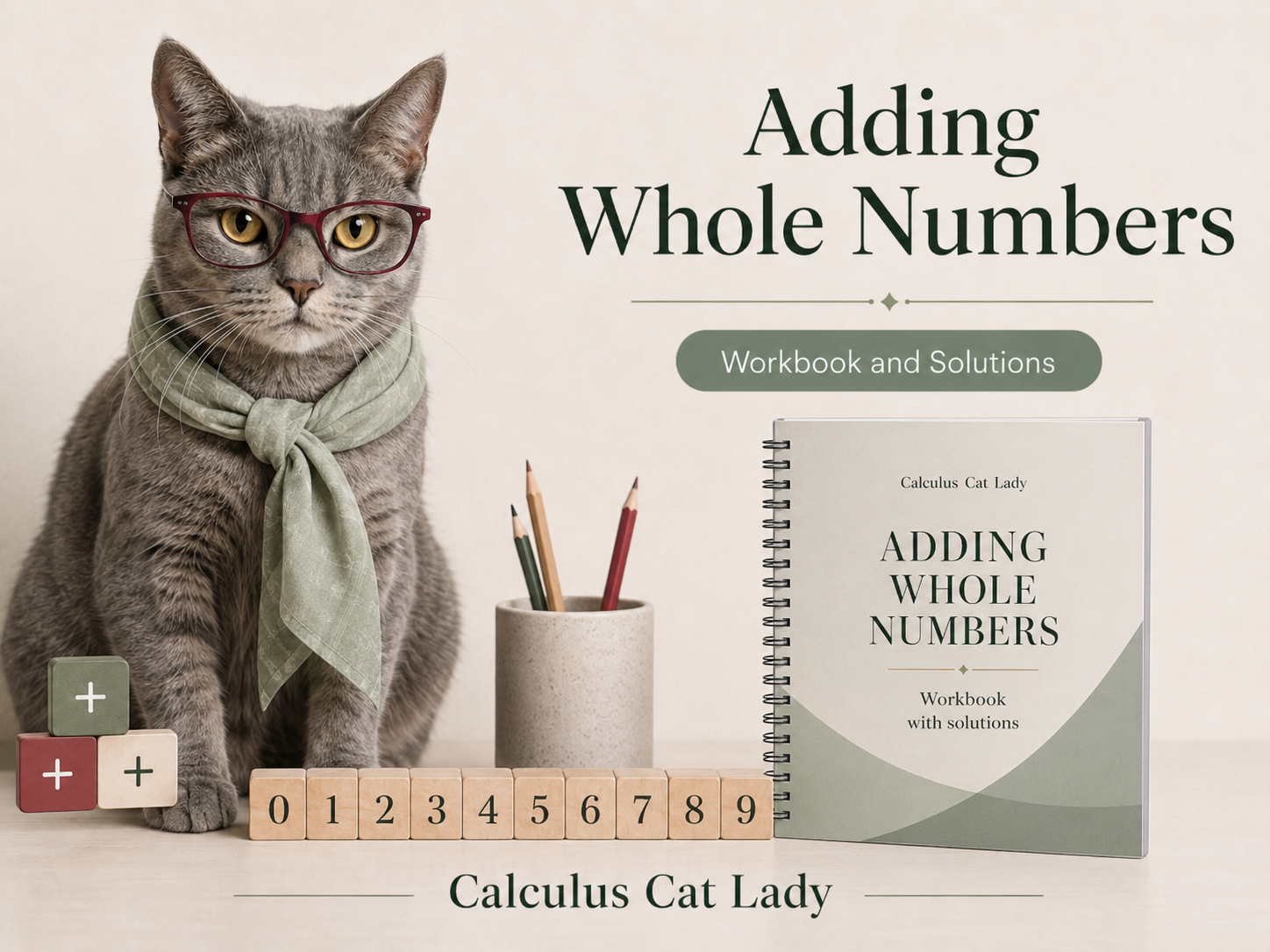 A gray cat wearing red glasses and a green scarf sitting next to educational materials about adding whole numbers, including counting blocks, pencils, and a workbook titled 'Adding Whole Numbers' by Calculus Cat Lady.