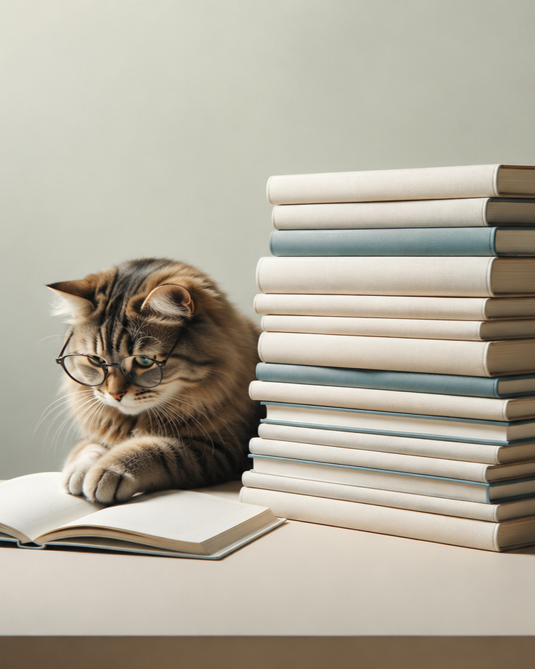 A fluffy tabby cat wearing glasses reading a book on a white table, with a large stack of books beside it.