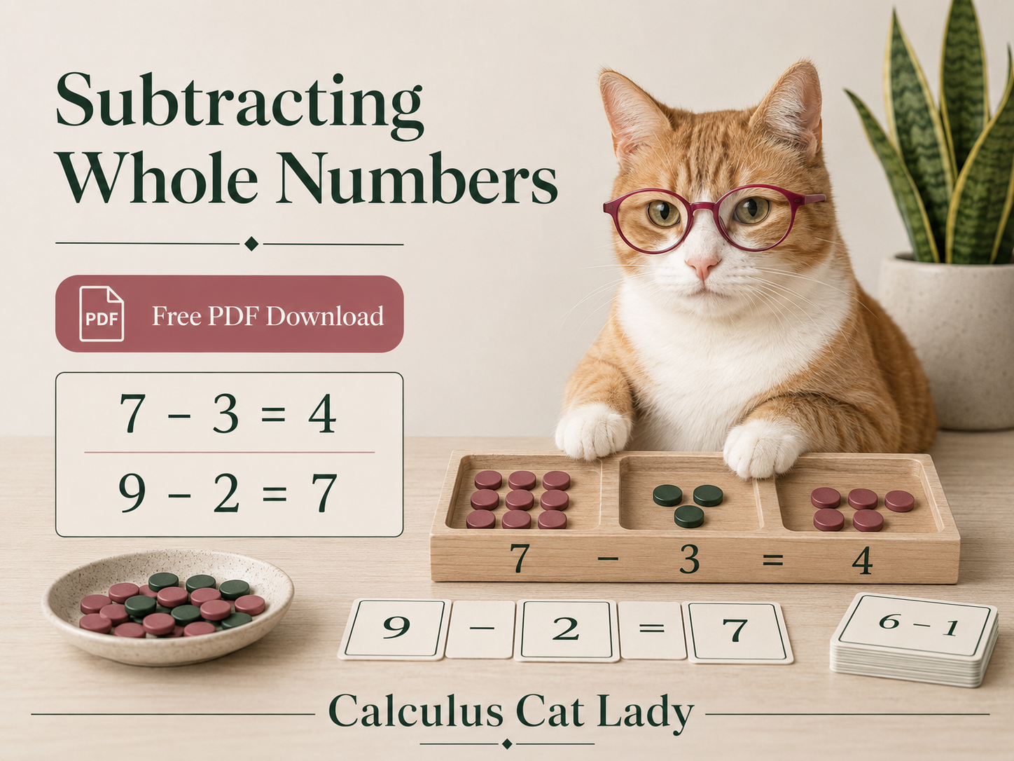 A cat wearing glasses sitting at a desk with math manipulatives, including counters, cards, and a tray, illustrating subtraction of whole numbers. The background features a plant and a sign promoting a free PDF on subtracting whole numbers.