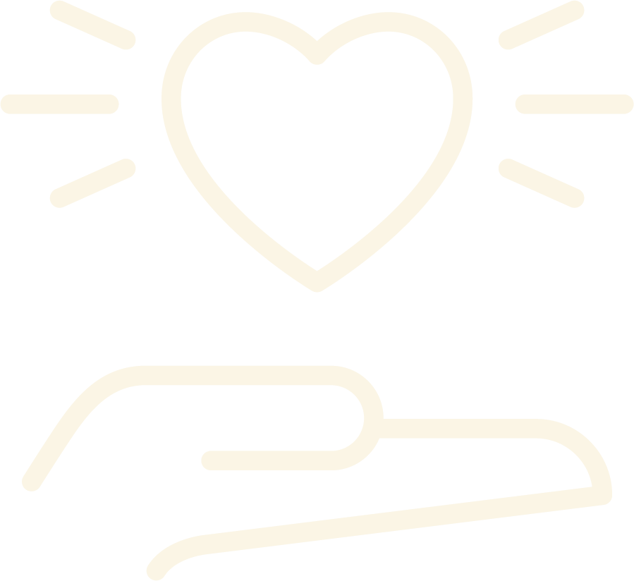 A stylized illustration of a hand holding a heart, with rays emanating from the heart symbolising compassion.