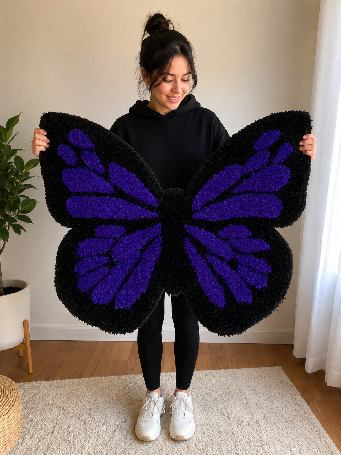 A woman in a black hoodie and black leggings is holding a large butterfly-shaped floral sculpture with purple and black petals. She is standing on a cream-colored rug in a room with a potted plant and white curtains.