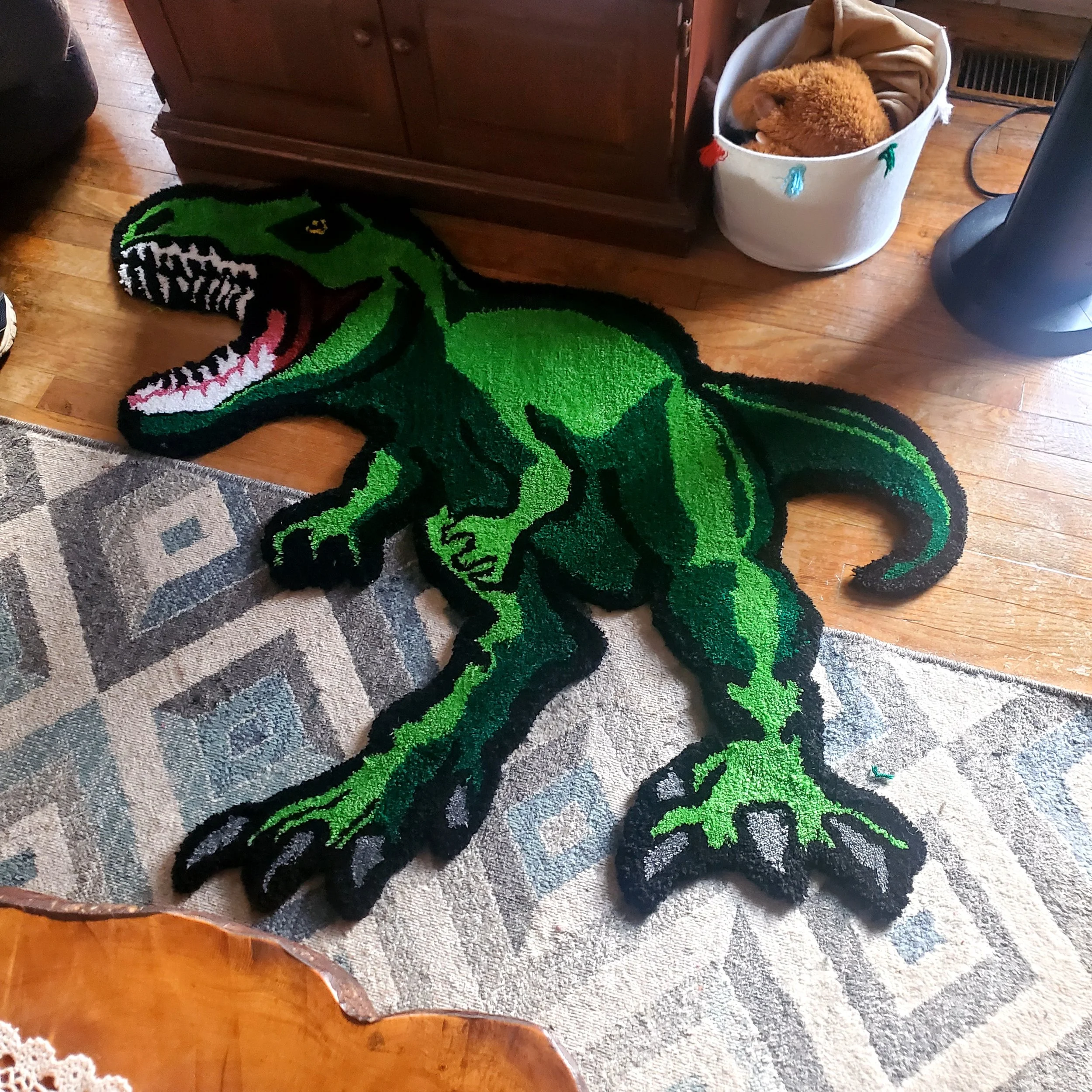 Handmade T-rex tufted rug for children birthday