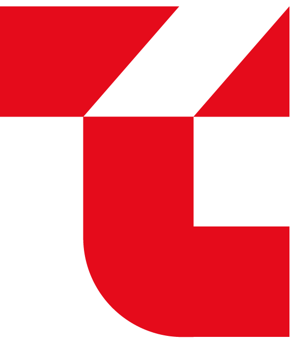 Abstract geometric design with red, black, and dark gray shapes forming a stylized letter 'L'.