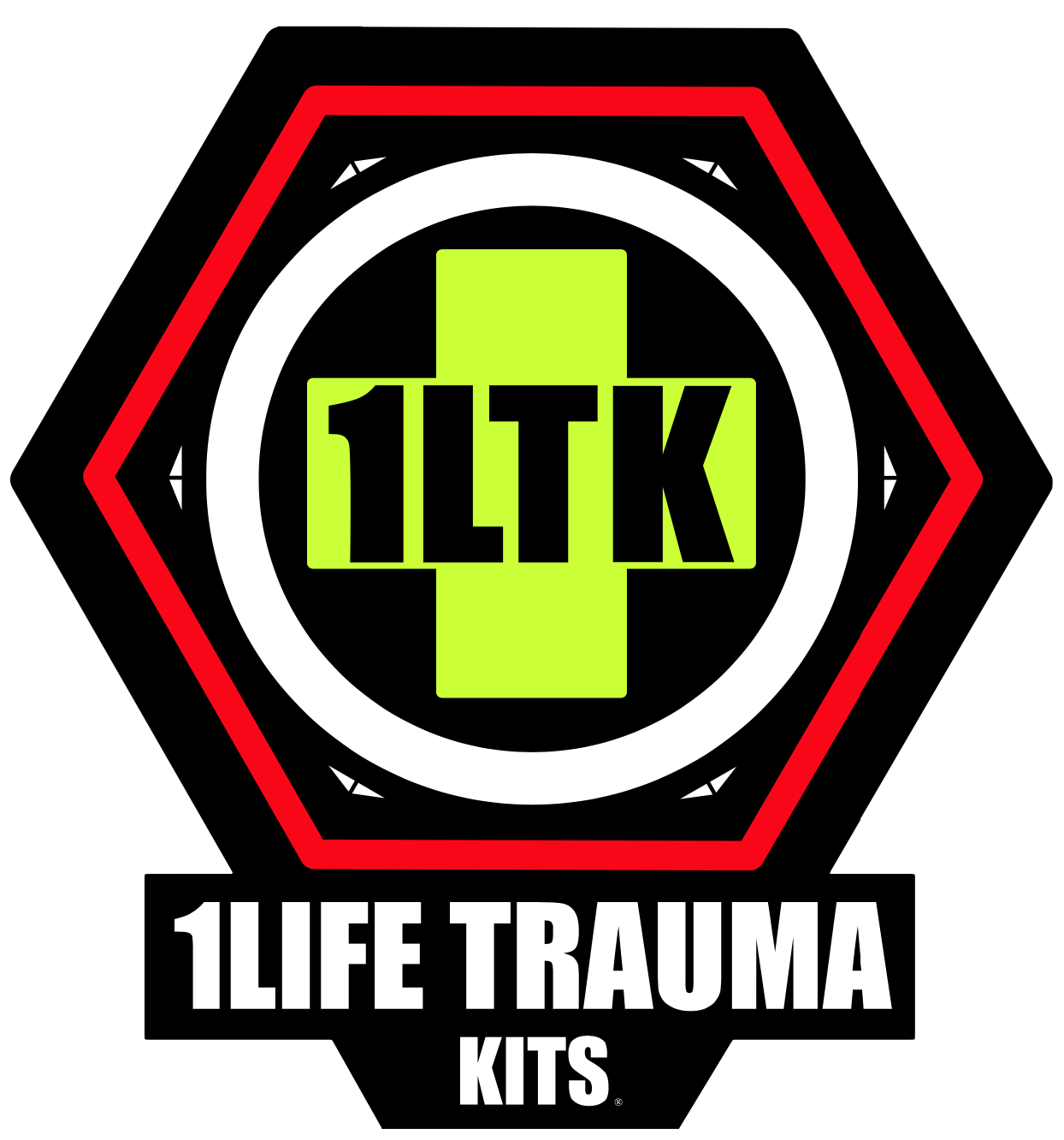 Logo for Life Trauma Kits featuring a black and red hexagon with a white circle in the center. Inside the circle, there is a green medical cross with black text "LTK" across it. Below the hexagon, the text reads "LIFE TRAUMA KITS."