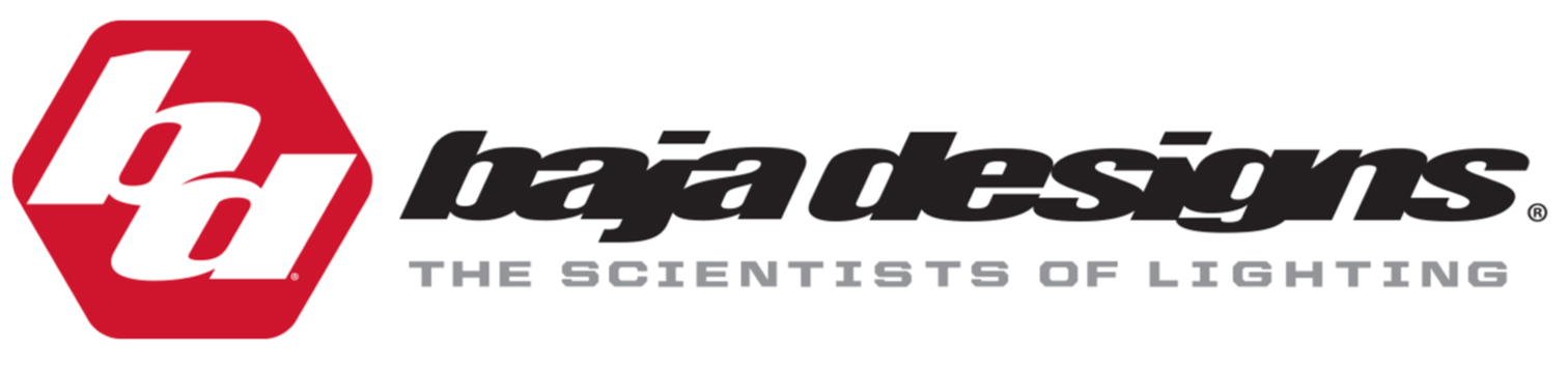 Logo for Baja Designs with red hexagon and white stylized letters 'b' and 'd', and black text 'baja designs' with gray tagline 'The Scientists of Lighting'.