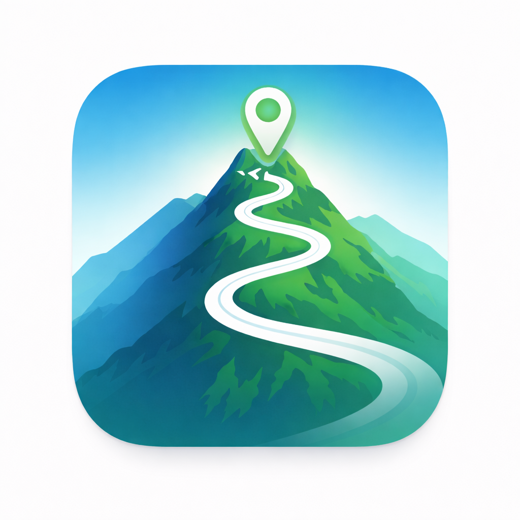 App icon with a mountain, a winding path, and a map pin at the summit.