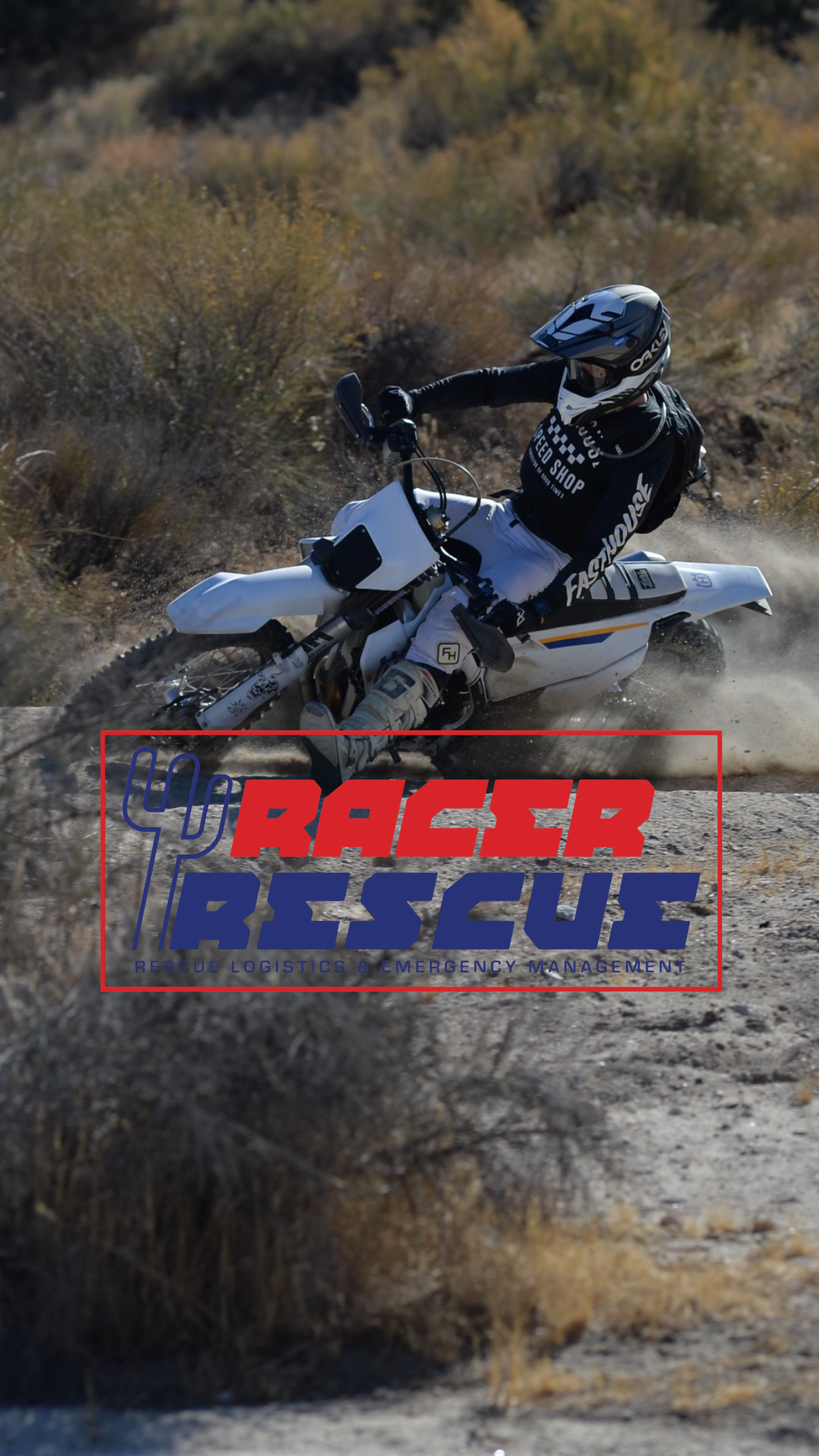 A person riding a dirt bike on a rugged trail in a desert landscape during daylight, wearing a helmet and protective gear, with the logo 'Racer Rescue' overlaid at the bottom.