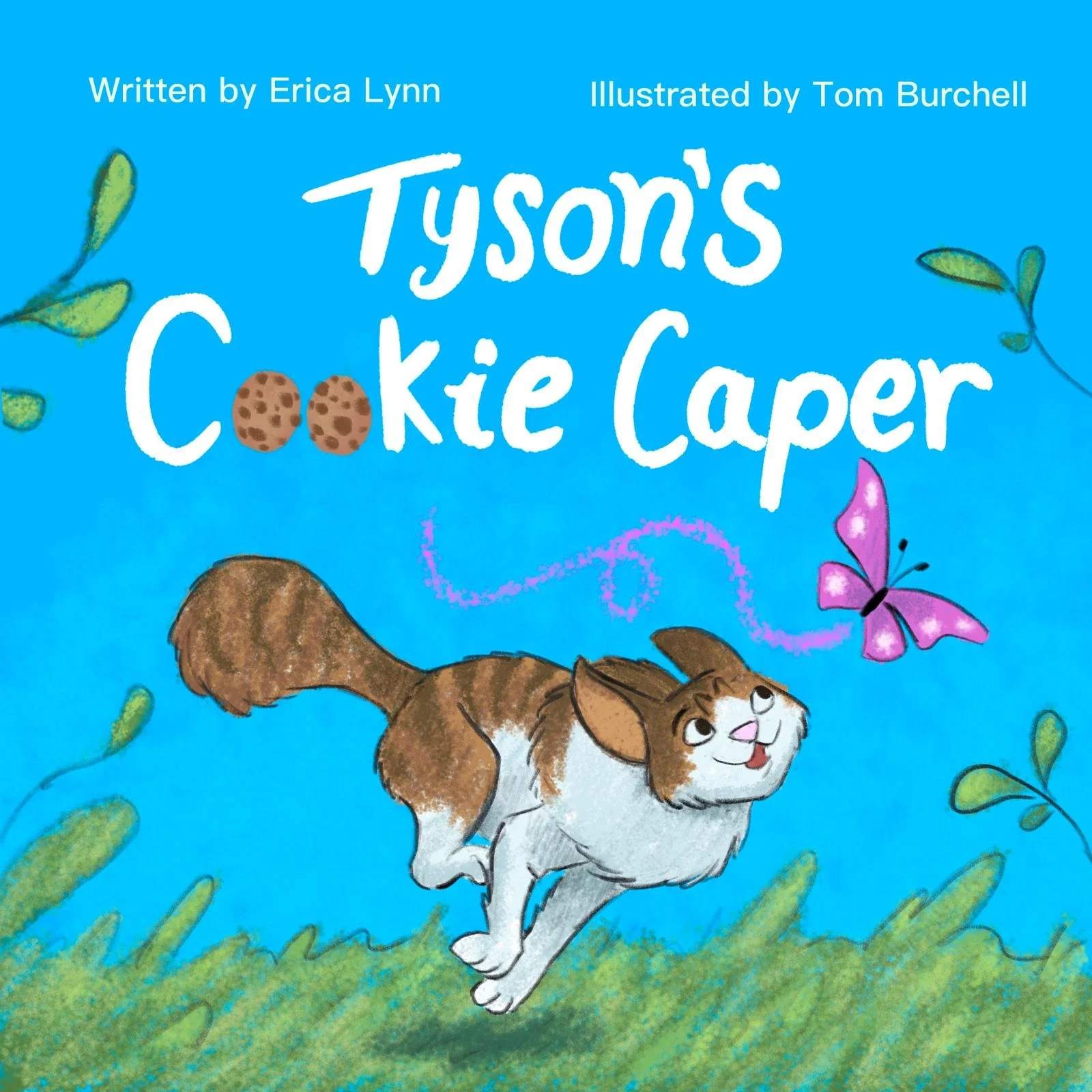 Children's book cover titled "Ty'son's Cookie Caper" written by Erica Lynn and illustrated by Tom Burchell. The cover features an illustration of a young girl with brown hair and large eyes, running on green grass with a purple butterfly and green leaves around her, against a blue background.