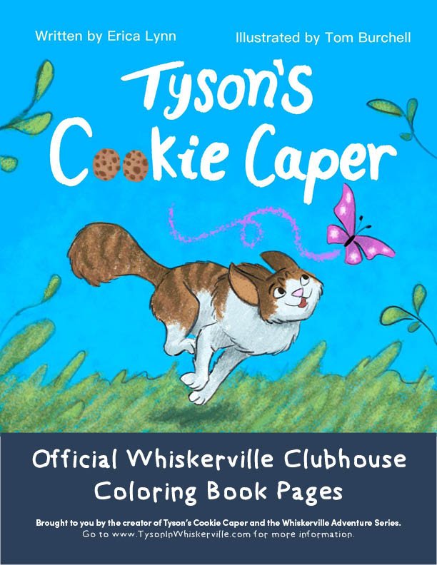Cover of a children's coloring book titled 'Tyson's Cookie Caper', illustrated by Tom Burchell, written by Erica Lynn, featuring a bunny and a butterfly on a grassy background.