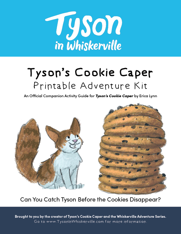 Cover page of Tyson in Whiskeyville's cookie caper printable activity kit; features a cute illustration of a brown and white cat next to a tall stack of chocolate chip cookies.