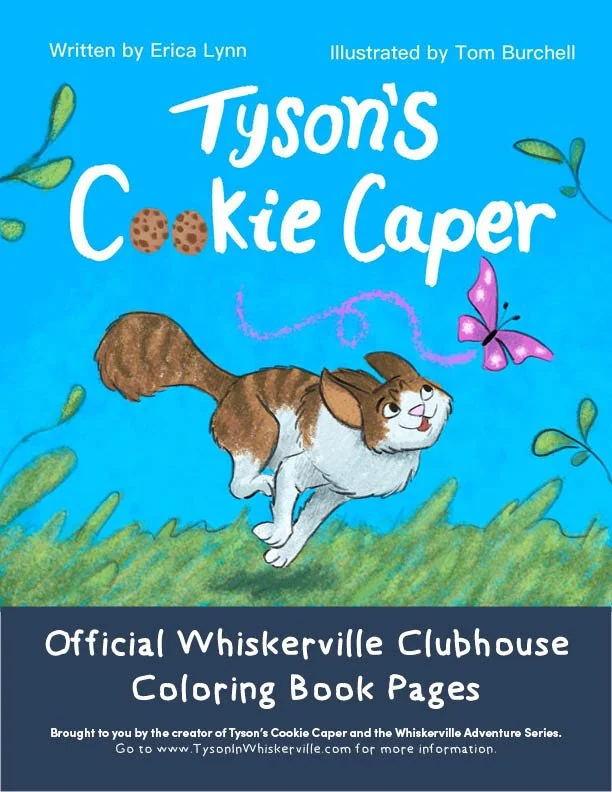 Cover of a coloring book titled "Tyson's Cookie Caper" with an illustration of a dog and butterfly on a grassy background.