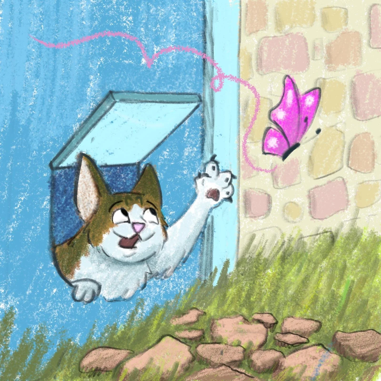 Children's book illustration from the Tyson in Whiskerville series, featuring a happy brown and white cat chasing a butterfly near a colorful brick wall.