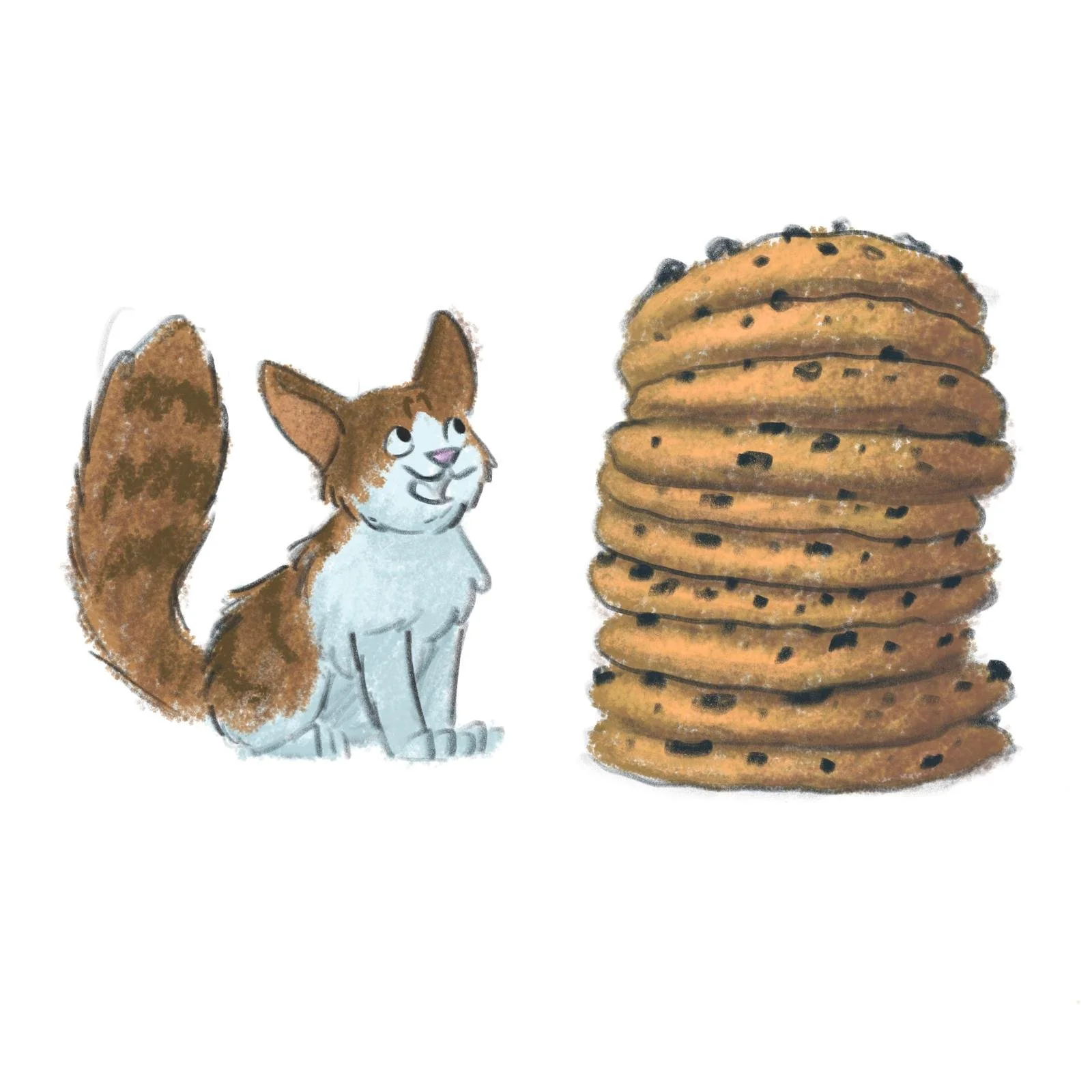 A cute cartoon cat named Tyson looking up at a tall stack of chocolate chip cookies, from the Tyson in Whiskerville children's book series.