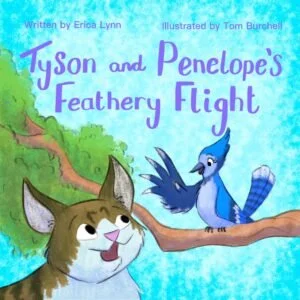 Children's book illustration from Tyson and Penelope's Feathery Flight, a Tyson in Whiskerville story, featuring a gray and white cat and a blue bird on a tree branch.