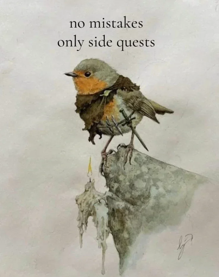 A watercolor painting of a bird with a human-like body, sitting on a cliff edge next to a lit candle with melting wax. The bird has a personified expression and is holding a small sword. Text above reads 'no mistakes only side quests'.