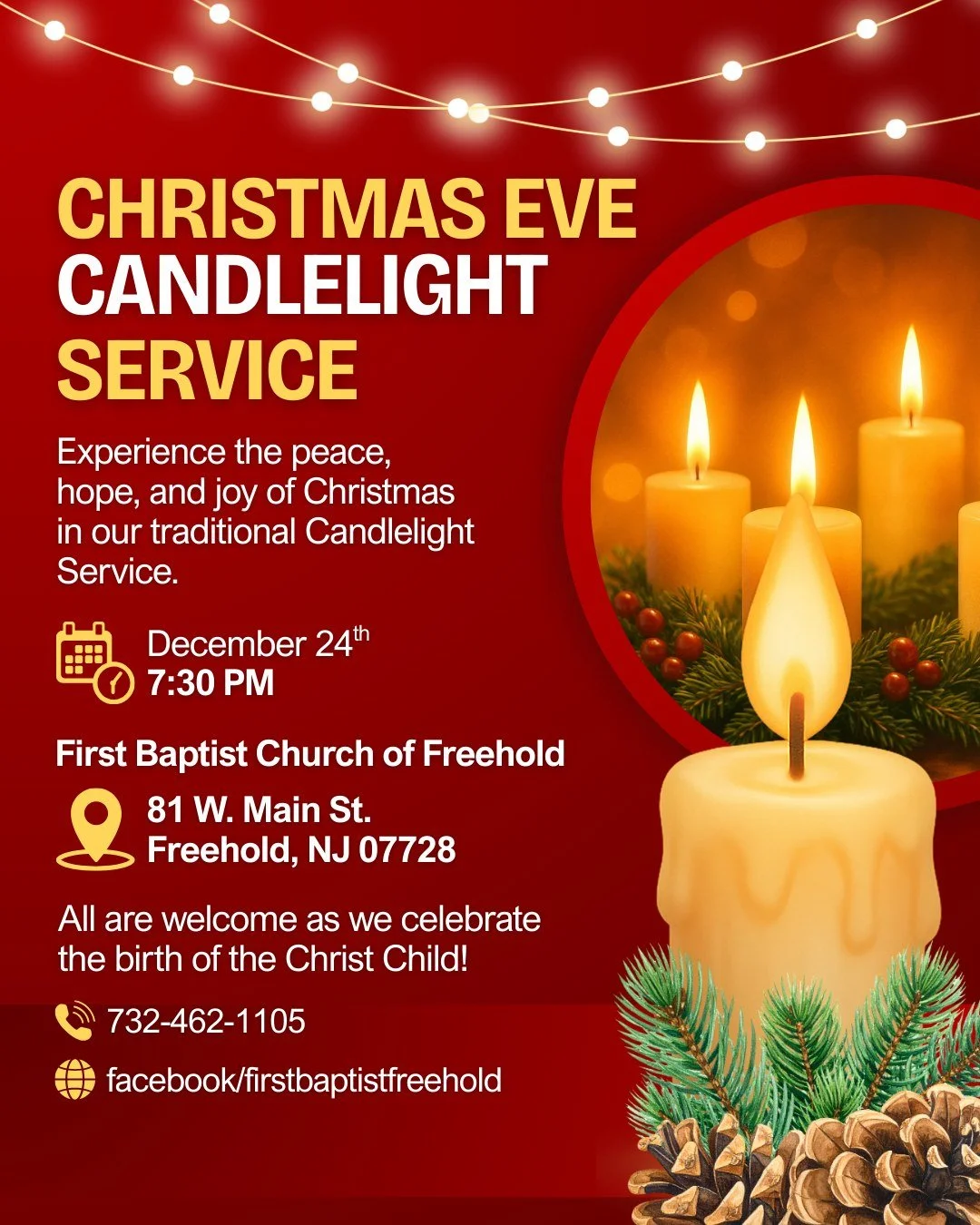 A tradition in our community for decades, we invite you to join us this Christmas Eve at 7:30pm for our beautiful candlelight service featuring beloved scripture, favorite carols, and special music and soloists!  Celebrate the birth of the Christ chi