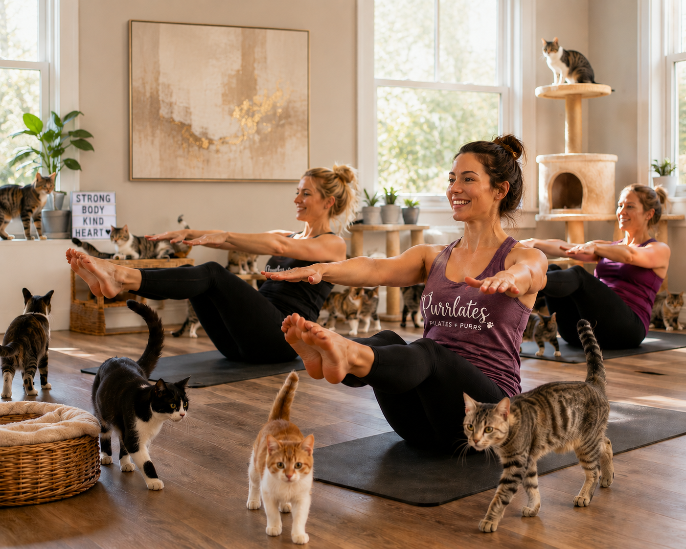 Three women participating in a cat yoga class surrounded by multiple cats in a bright, cozy room.