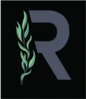 A stylized letter 'R' with a green leafy design on the left side, set against a black background.
