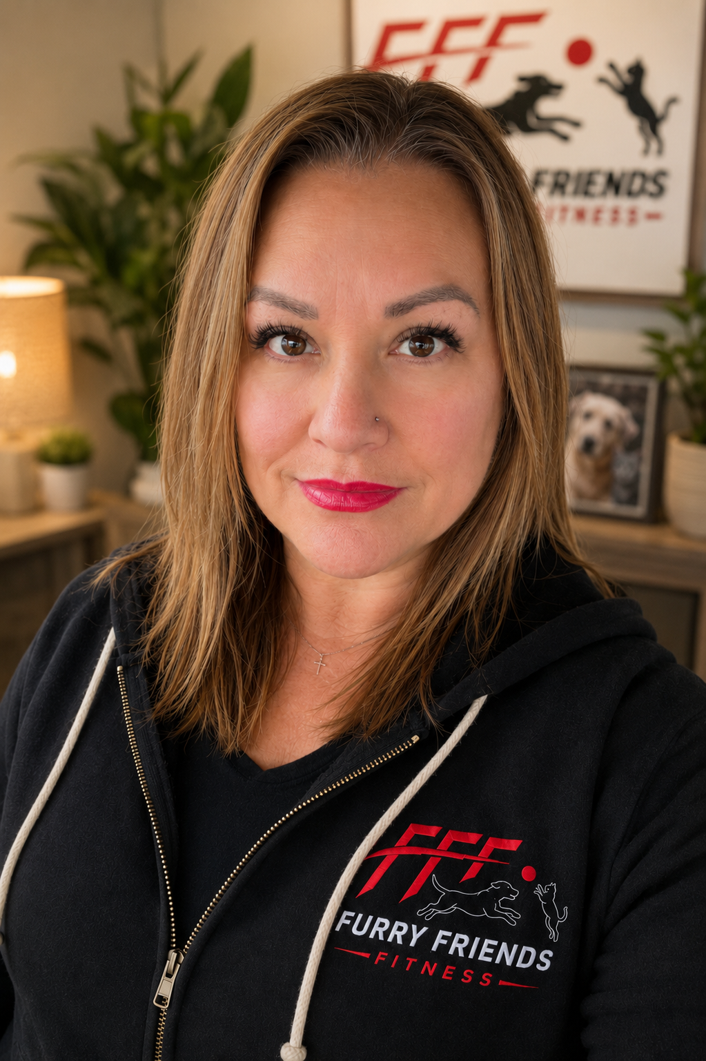 A woman with light brown hair and a nose piercing, wearing a black hoodie with the logo and text "Furry Friends Fitness," standing in a cozy room with a framed photo of a dog and plants in the background.