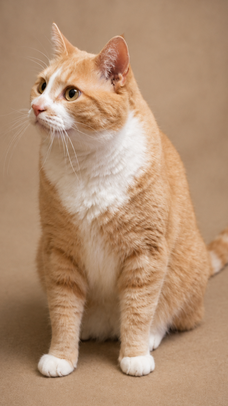 An orange and white domestic cat sitting on a tan surface with a neutral background, looking to the left.