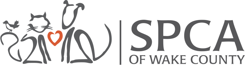 Logo of the SPCA of Wake County featuring stylized gray cats and dogs and a red heart.