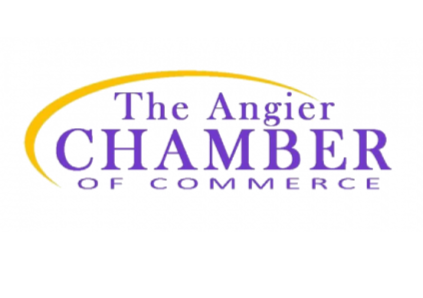 Logo of The Angier Chamber of Commerce with purple text and a yellow swoosh.