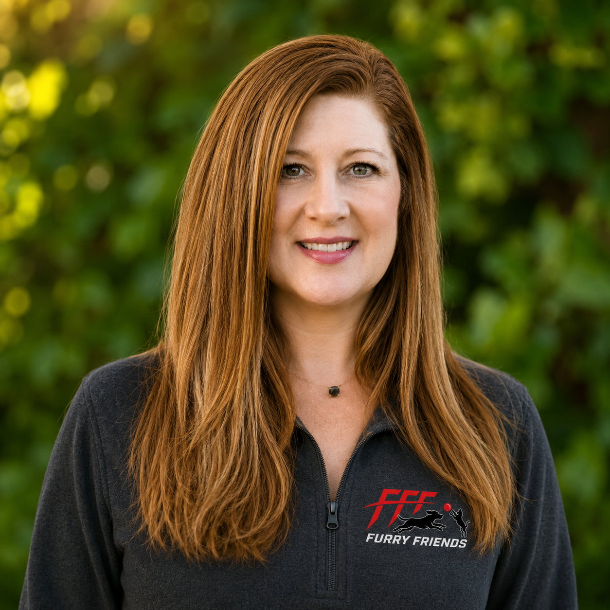 Portrait of a woman with long red hair, smiling, wearing a black fleece with a 'Furry Friends' logo, outdoors with green blurred foliage in the background.