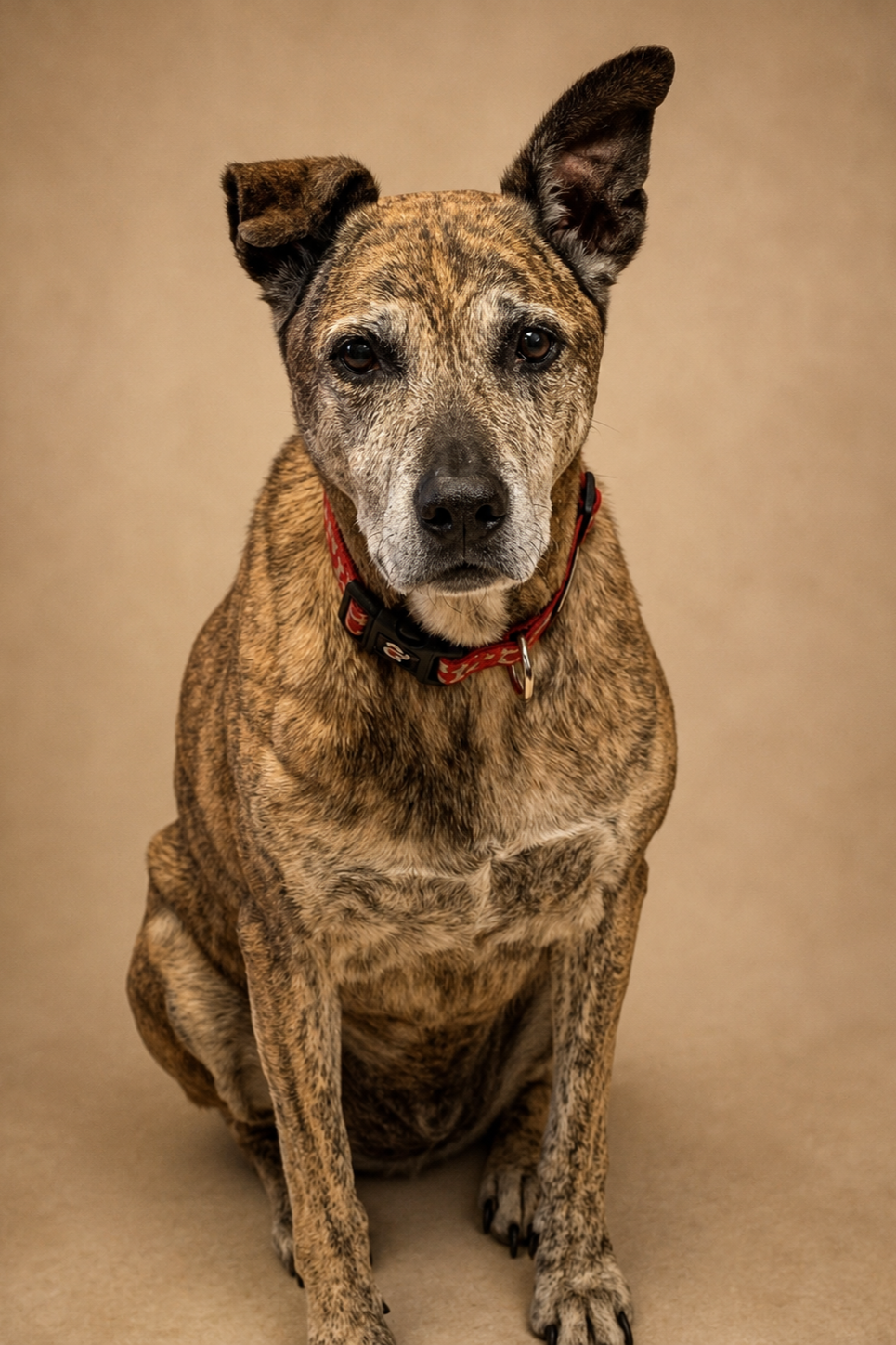 A brindle-colored dog with one floppy ear and one upright ear, sitting and looking directly at the camera against a neutral background.