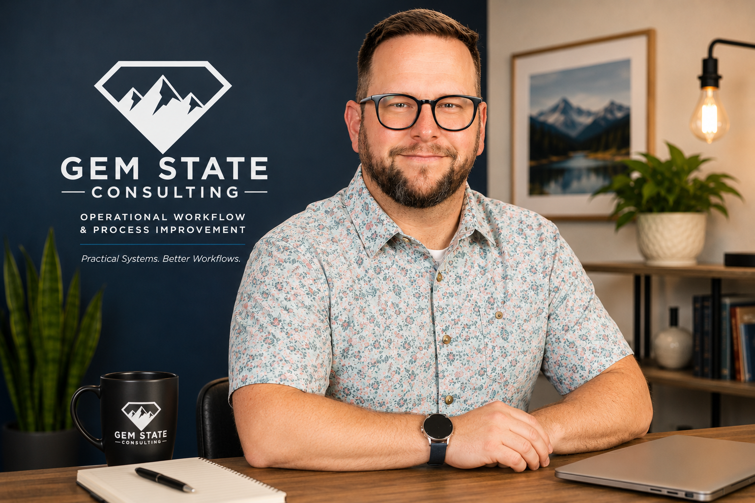 A man with glasses and a beard smiling at the camera in an office. Behind him is a sign with a mountain and diamond logo that reads 'GEM STATE CONSULTING' with the tagline 'Operational Workflow & Process Improvement' and the slogan 'Practical Systems. Better Workflows.' The desk has a black mug with the same logo, a notebook, a pen, and a closed laptop, with a potted plant and framed landscape photograph in the background.