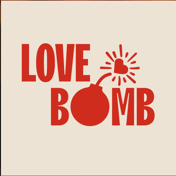 Graphic design with red text reading "LOVE BOMB" and a cherry with a heart-shaped explosion above it.