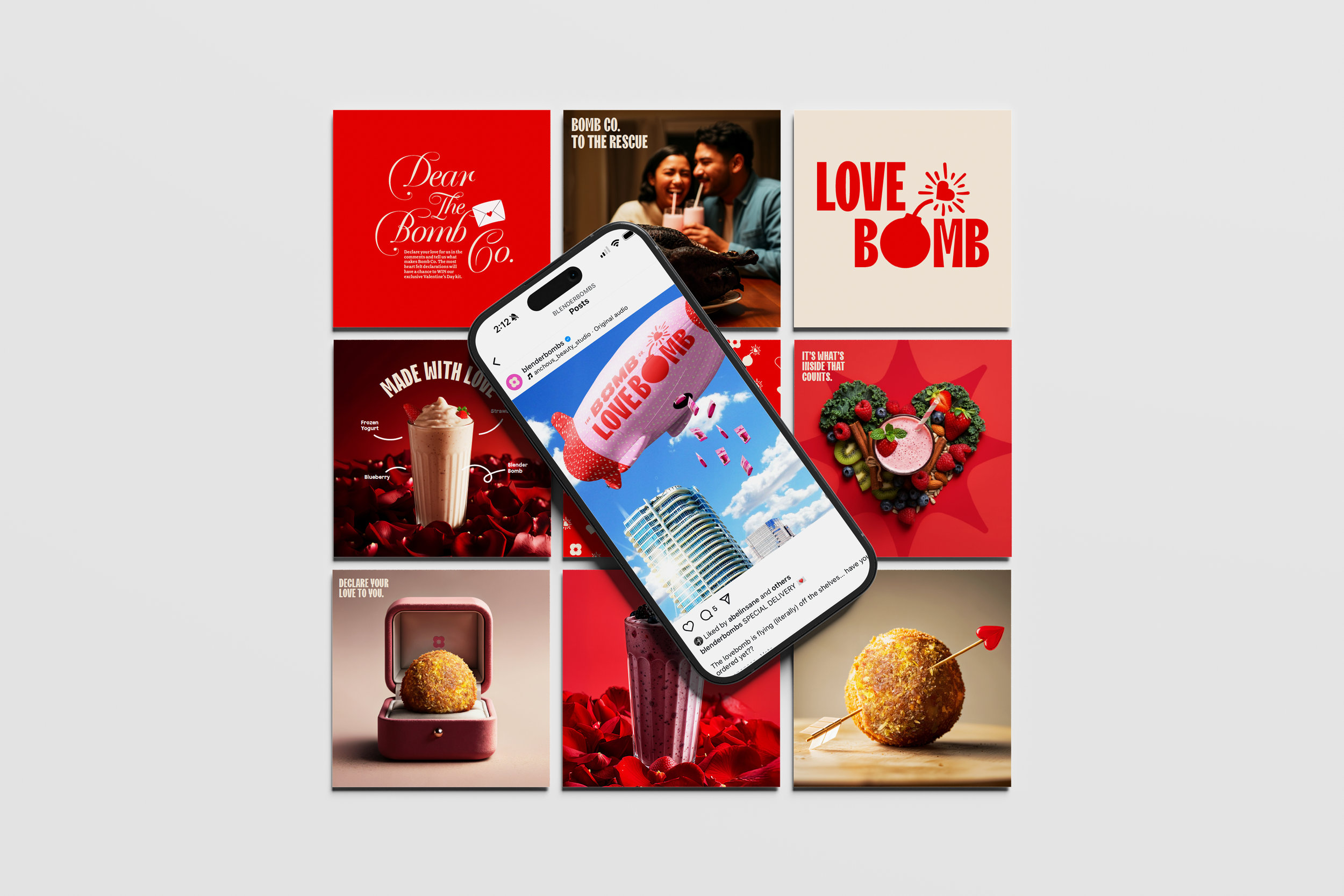 A collage of nine social media posts and images related to Love Bomb, featuring text, food, and branding elements, with a smartphone displaying the Love Bomb Instagram page.
