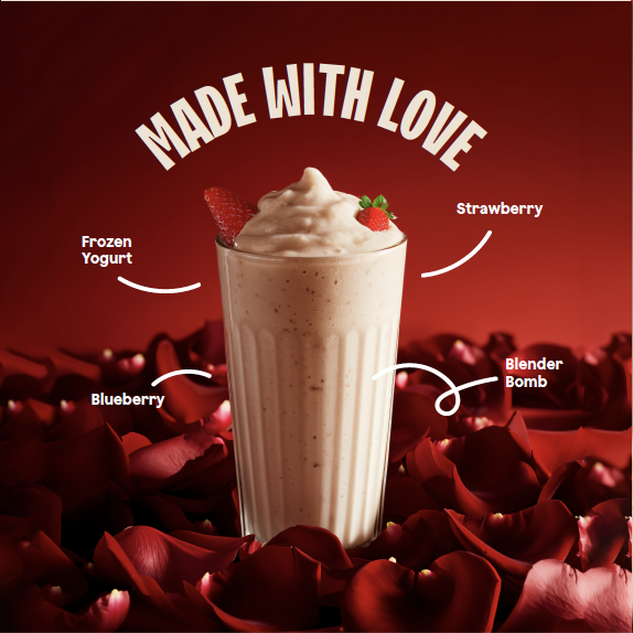 A milkshake topped with whipped cream and a strawberry, surrounded by rose petals, with text reading 'Made with Love' and labels for frozen yogurt, blueberry, strawberry, and blender bomb.