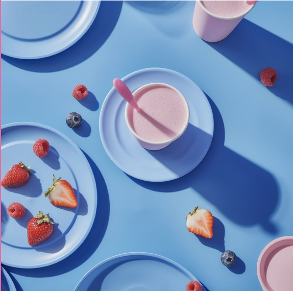 Pink strawberry smoothie in a glass with a pink spoon, surrounded by strawberries, raspberries, and blueberries on blue plates and table.