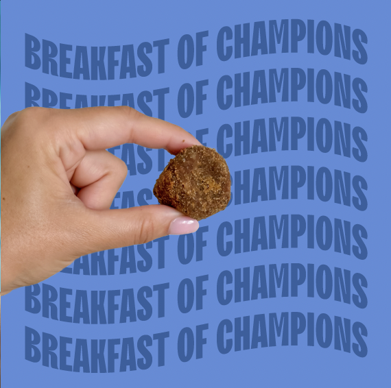 Close-up of a hand holding a small, round, breaded breakfast food item against a blue background with repeated text 'BREAKFAST OF CHAMPIONS'.