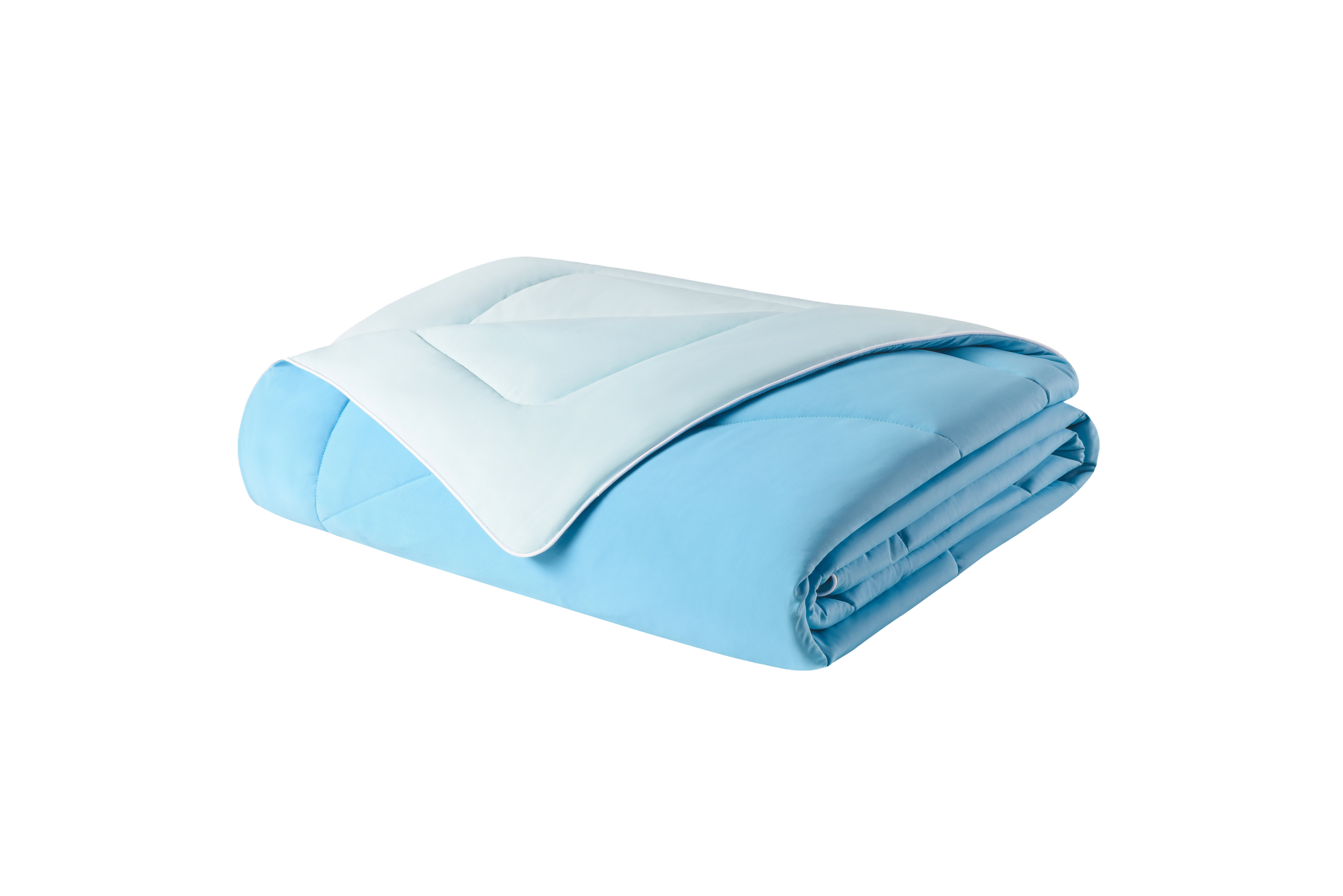 Folded blue comforter or blanket with a light-colored pillow on top