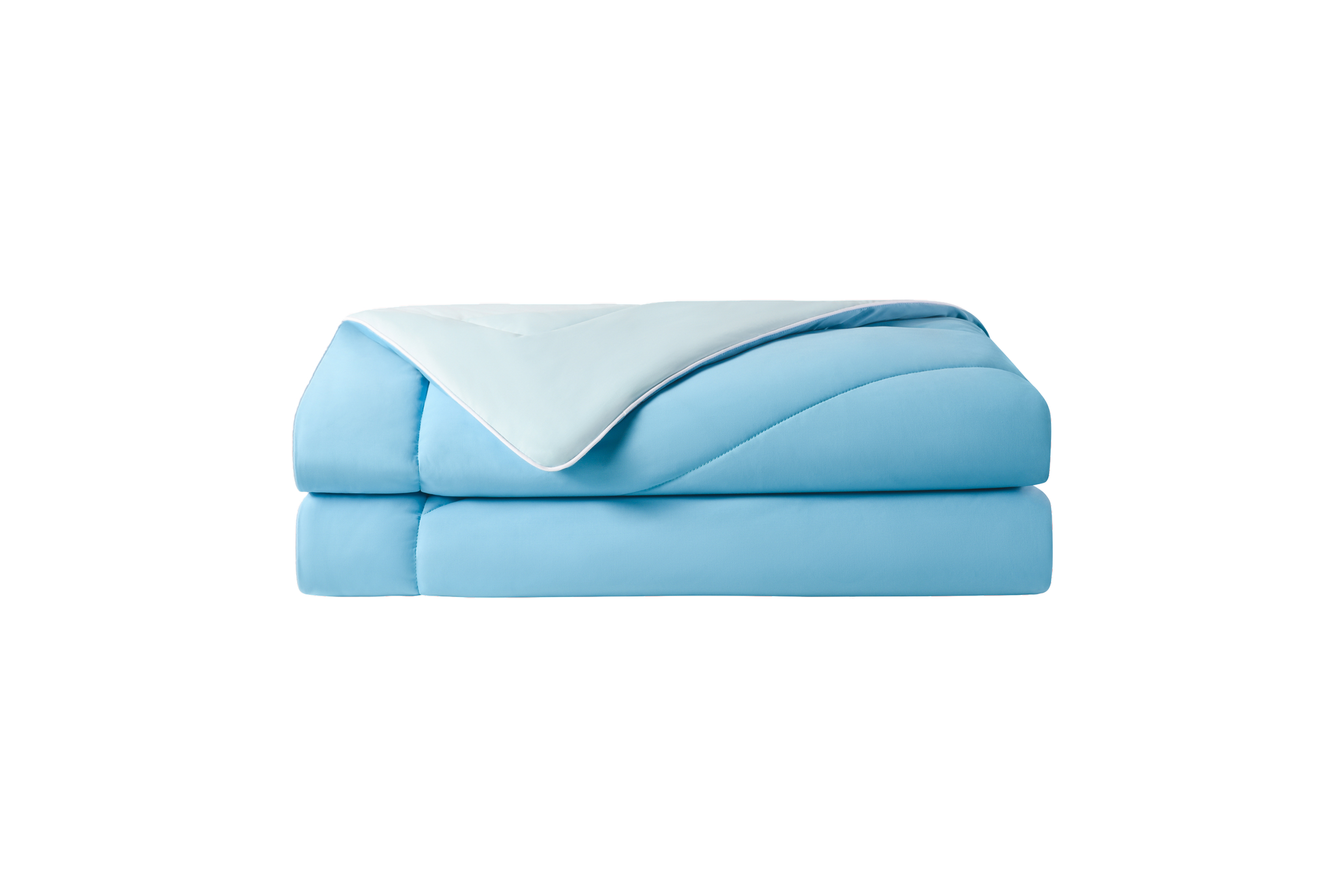 Light blue mattress with a matching light blue pillow and a white blanket draped over the top, isolated on a transparent background.