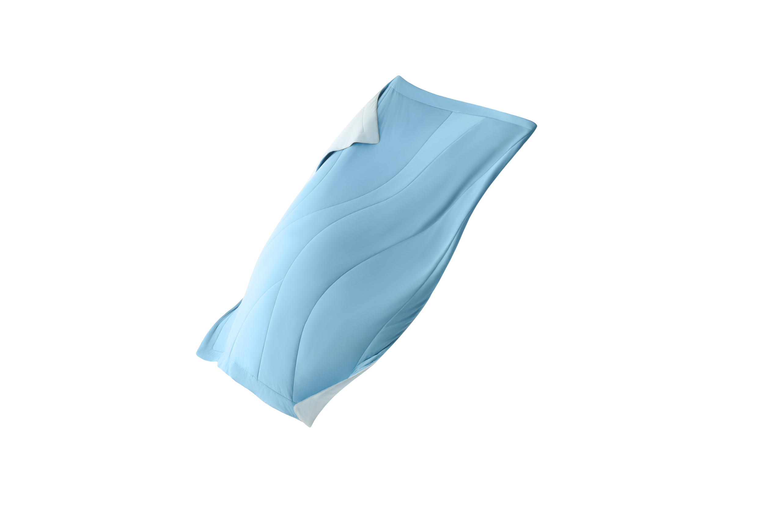 a light blue mattress displayed at an angle against a background of red, white, and black.