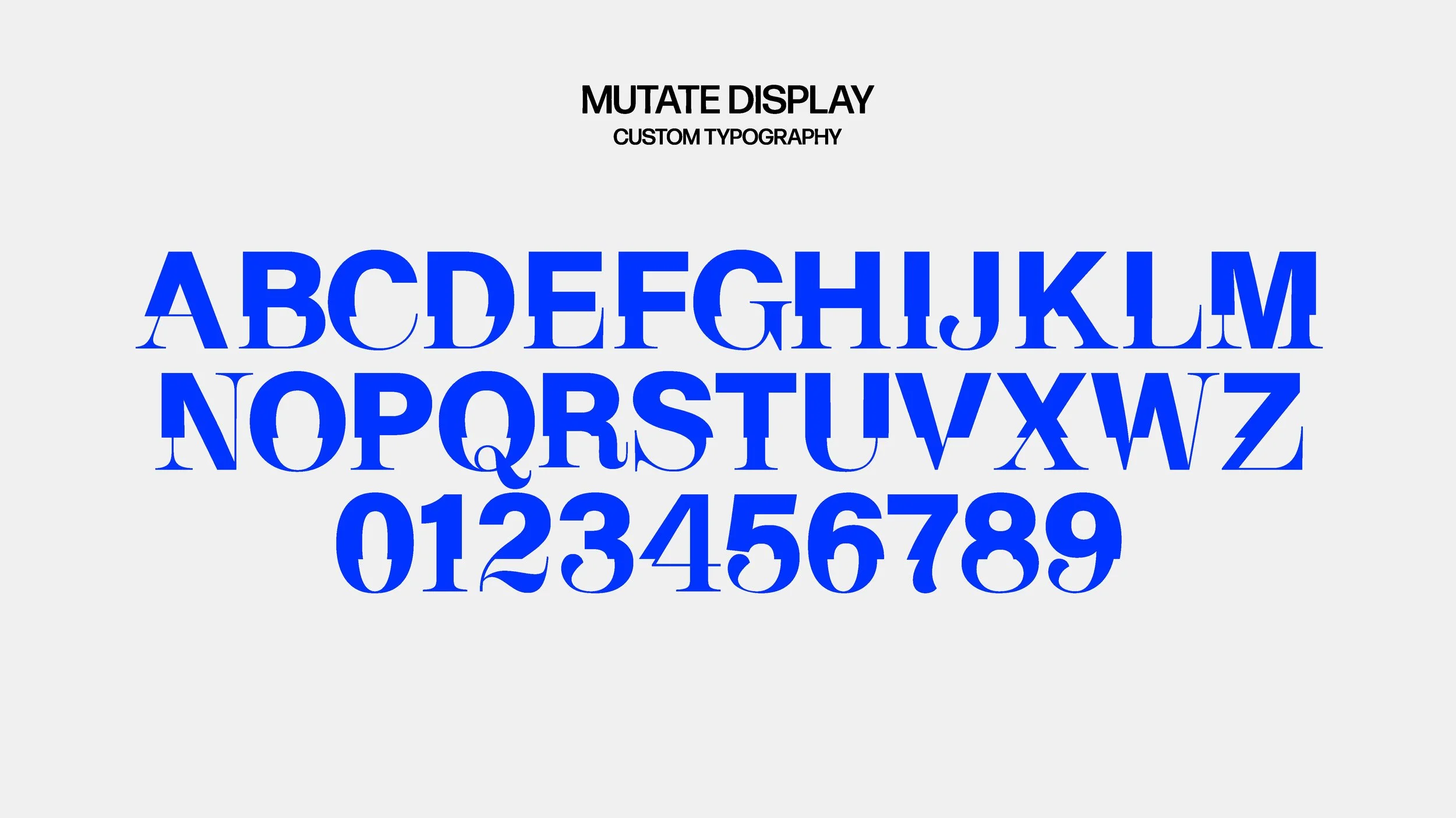 Display of customized blue alphabet and numerals with a serif font style on a light gray background, titled 'MUTATE DISPLAY' and labeled 'CUSTOM TYPOGRAPHY' at the top.