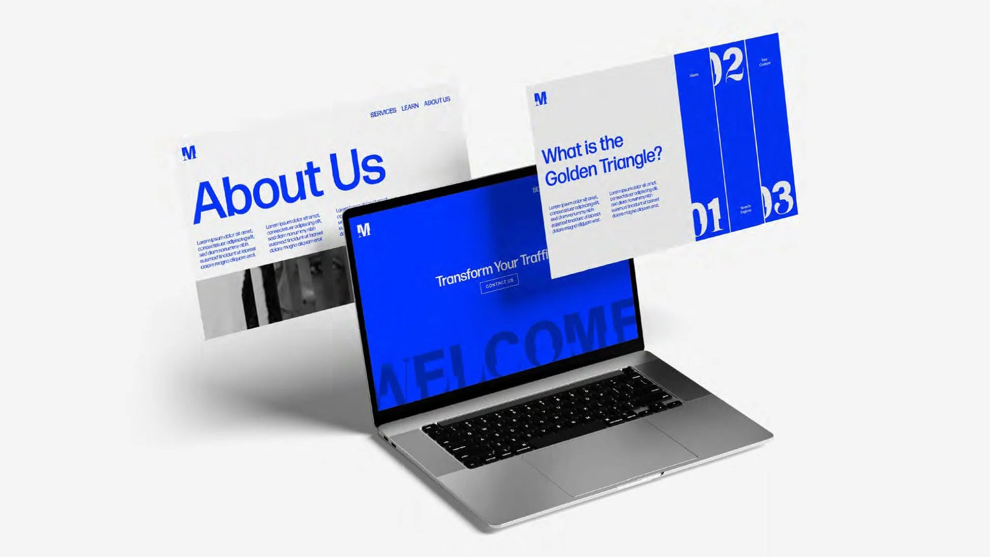 A laptop displaying a website with blue and white design elements, surrounded by floating webpage windows with blue headings and text.