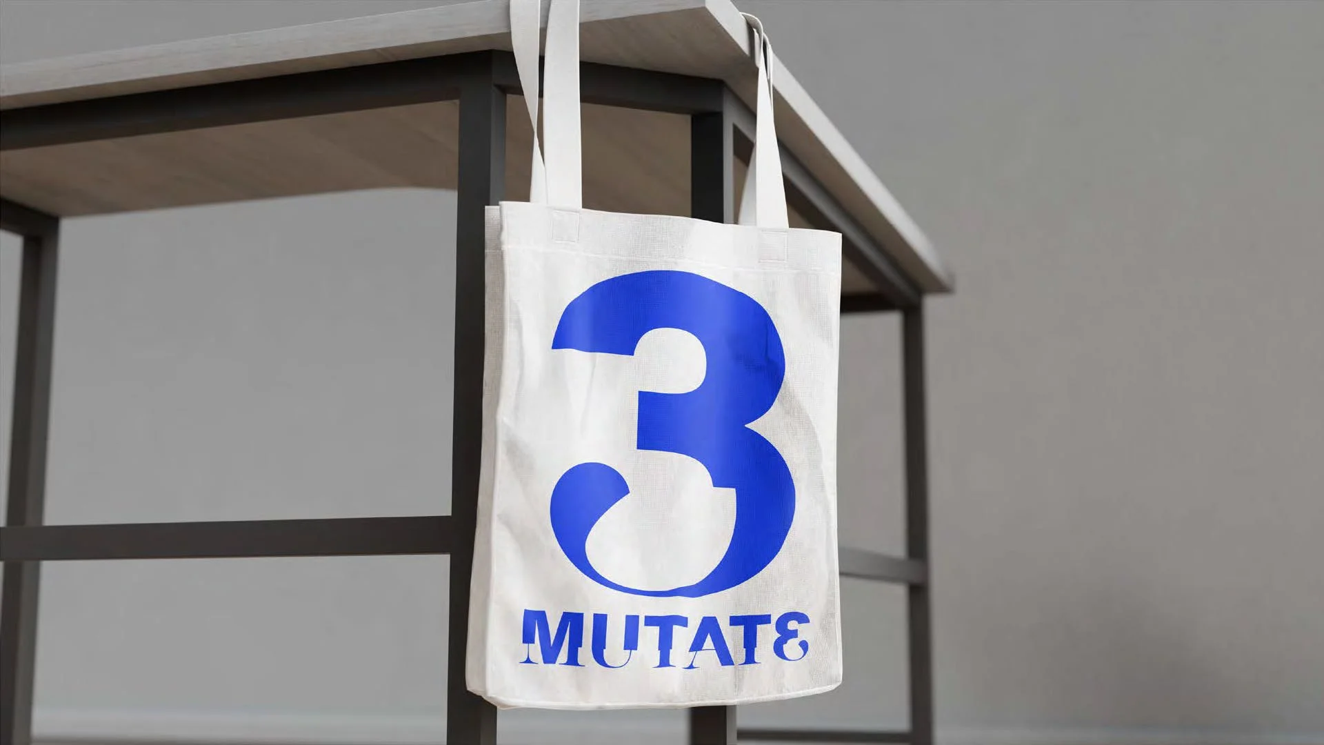 White tote bag with a large blue number 3 and the word 'MUTANT' printed upside down hanging from the edge of a black table or shelf.