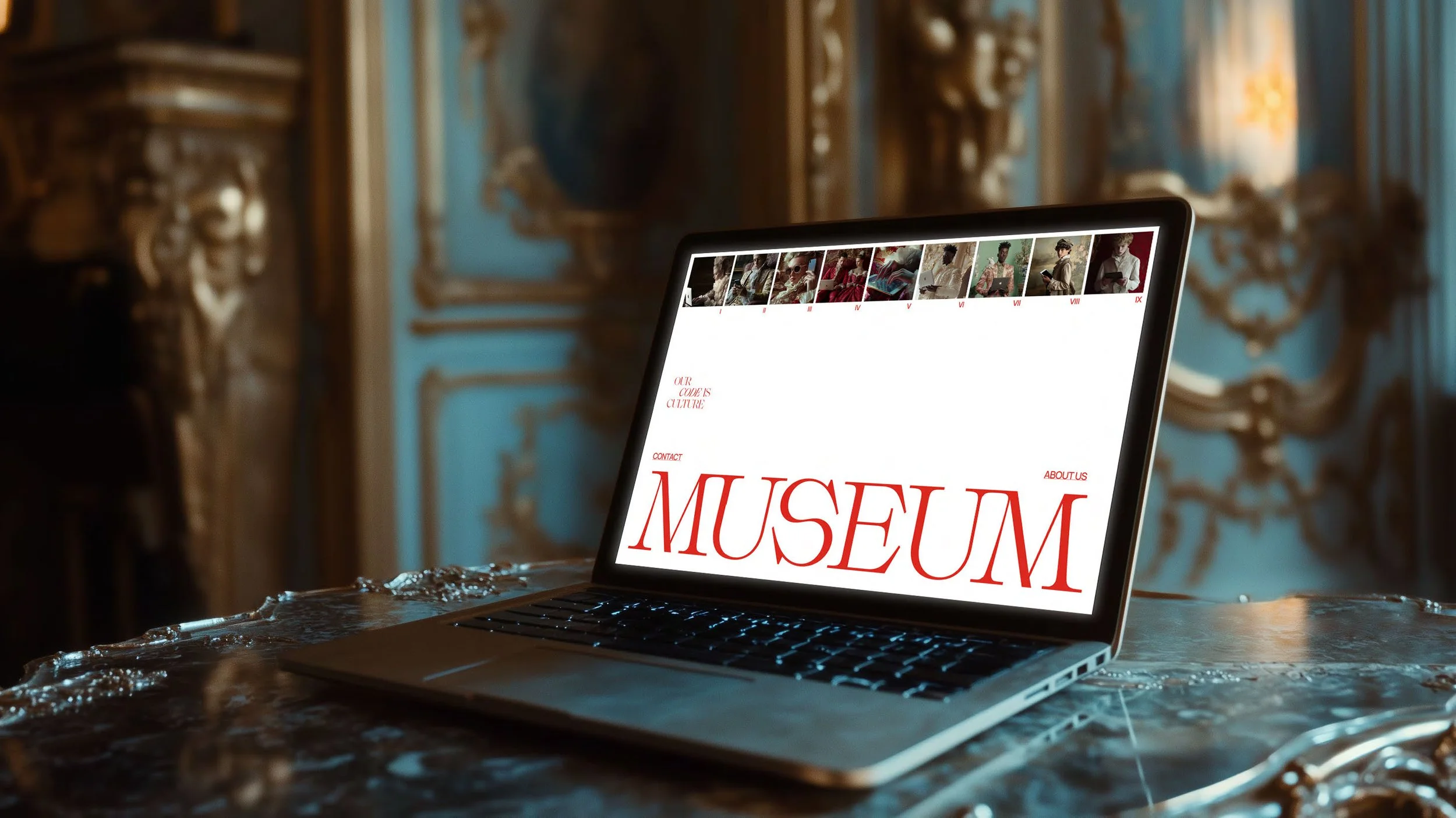 Laptop on ornate table displaying a museum website with a header of photos and text reading 'MUSEUM' in large red letters in an opulent room with gold decorations.