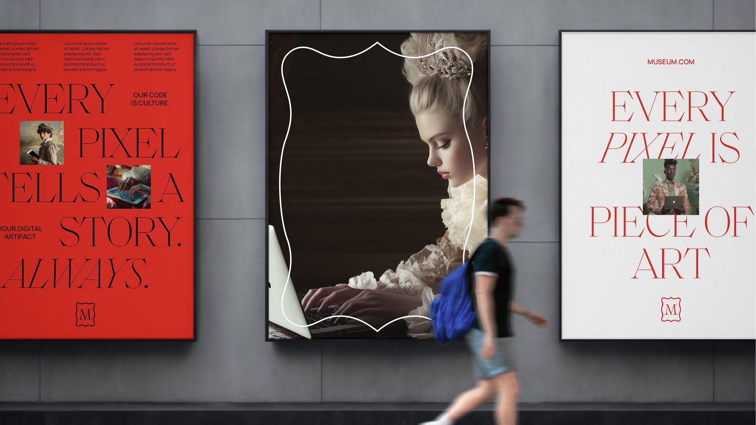 Three advertising posters are displayed on a wall, with a blurred person walking in front of them. The poster on the left is red with black text and images of children using a tablet, reading, and writing. The middle poster features a side profile of a young woman with blonde hair and elaborate hair accessories, working on a laptop. The right poster is white with red text and a small photo of a woman with a tablet.