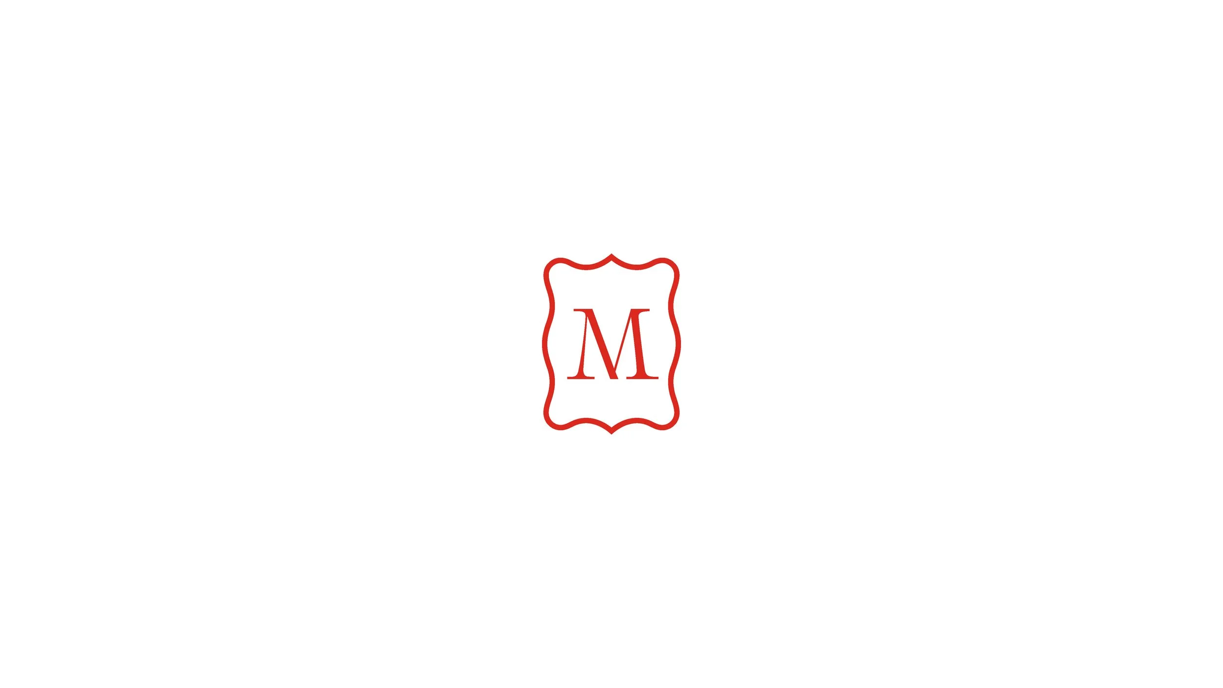 A minimalist logo with a red ornate border surrounding a red letter M on a white background.