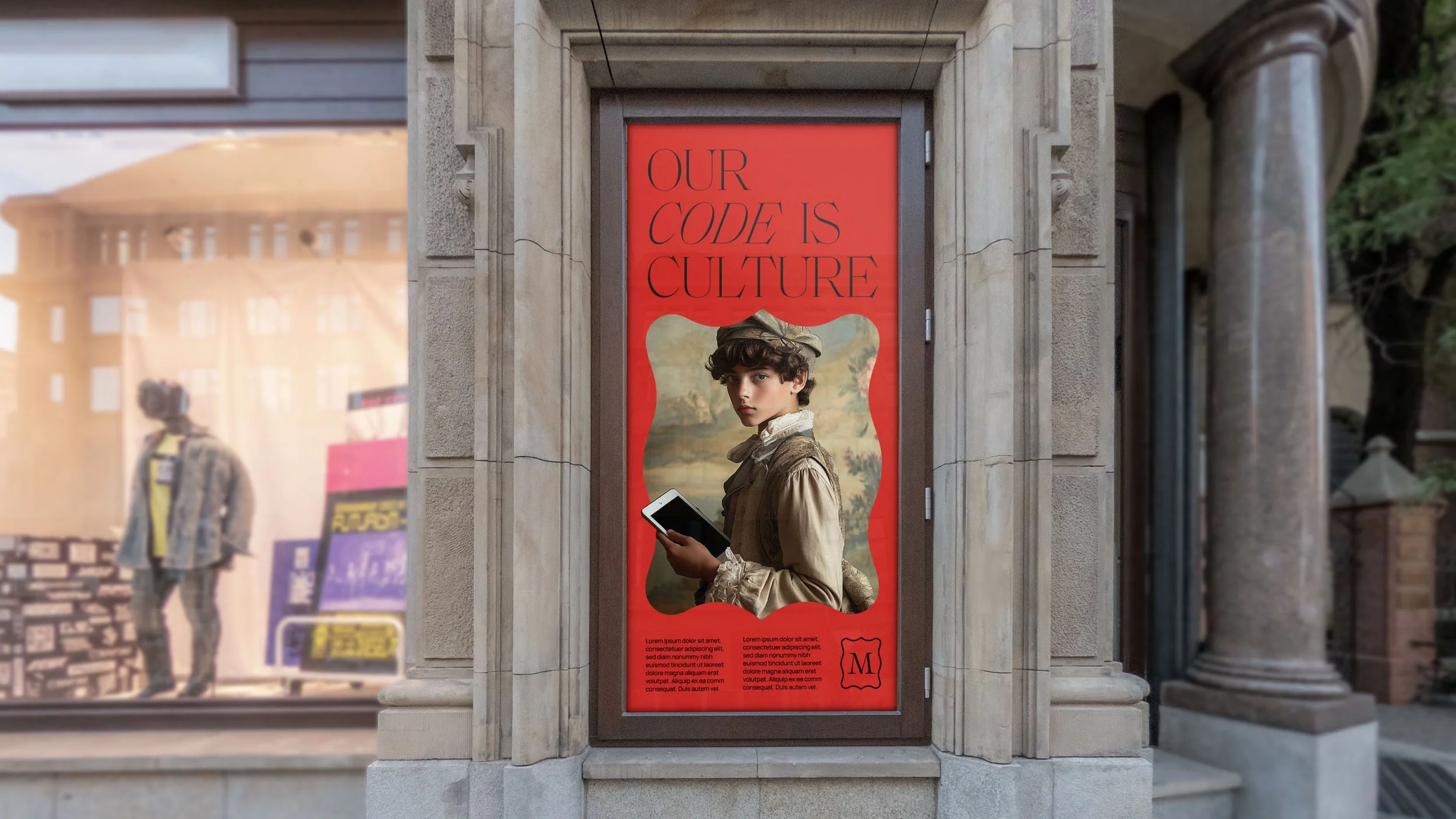 A large advertisement on an exterior wall of a building featuring a person dressed in historical clothing holding a tablet, with the text 'Our Code is Culture' above.