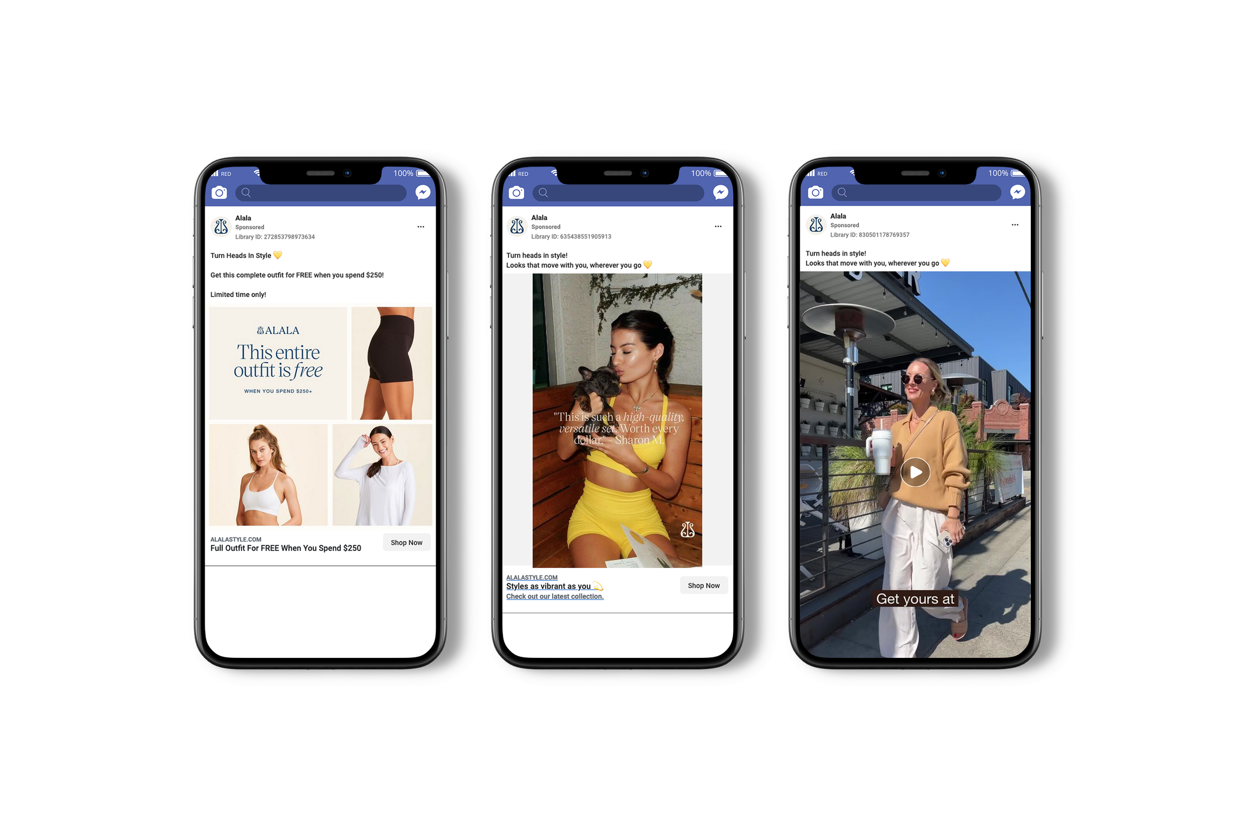 Three smartphones showing different advertisements on Facebook, featuring fashion and lifestyle images: one with a woman in black shorts, another with a woman in a yellow dress holding a dog, and the third with a woman in sunglasses wearing a tan sweater and white pants, outdoors.