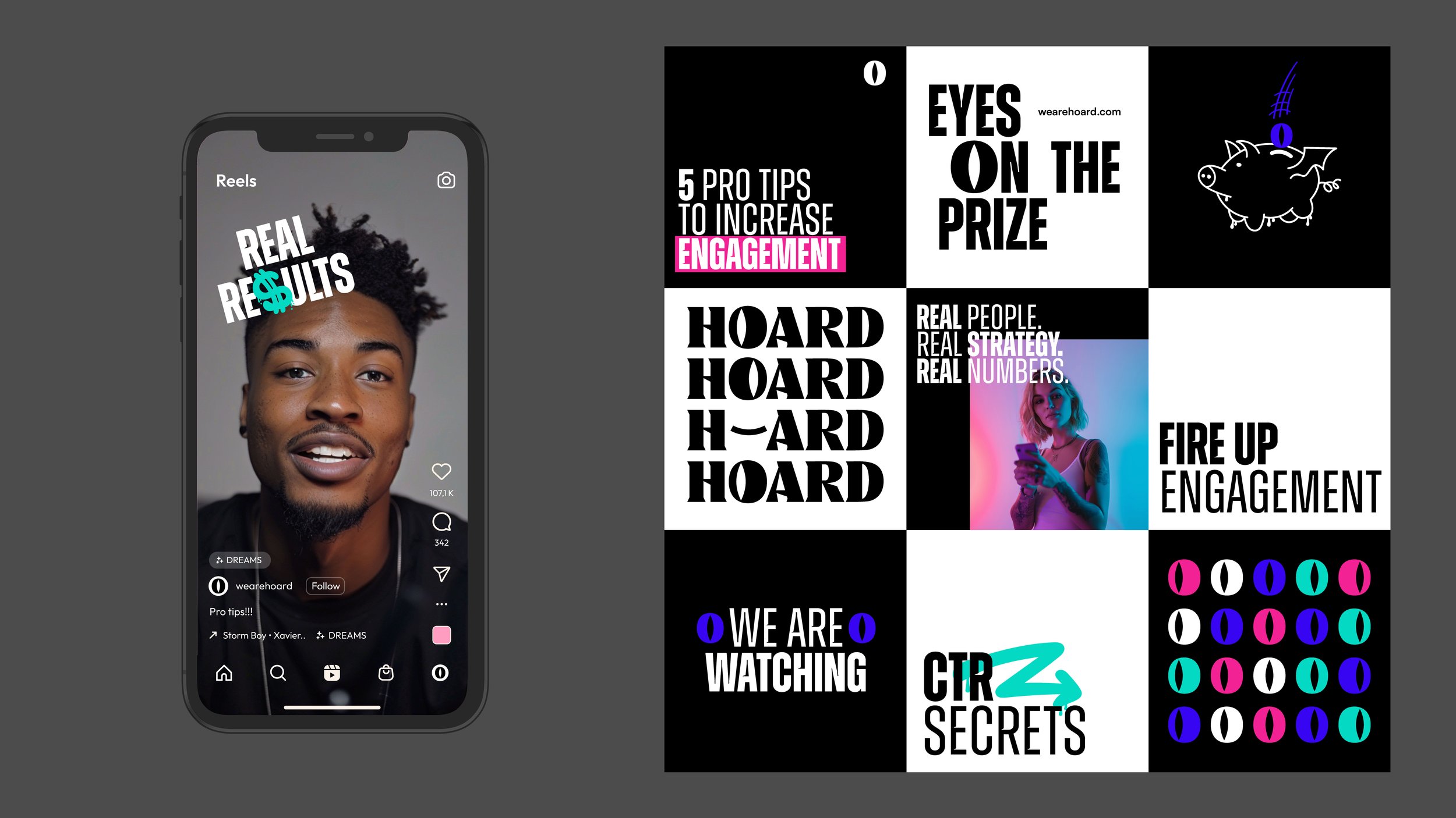 A smartphone displaying a social media reel featuring a young man with short curly hair, wearing a black shirt, against a gray background. The reel has the text 'REAL RESULTS' with a dollar sign replacing the letter 'S'.