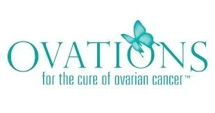 Logo for OVATIONS, supporting ovarian cancer awareness and cure, featuring a butterfly over the letter 'I' in OVATIONS.