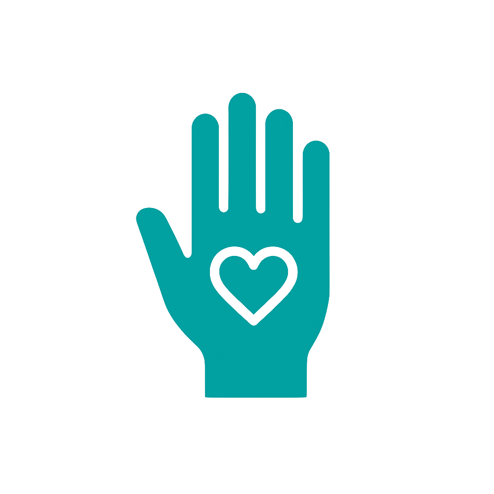 A teal-colored hand with a heart in the palm, symbolizing care or help, on a white circular background.